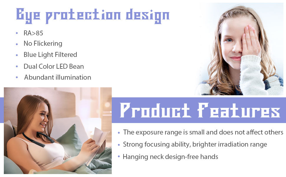 Updated LED Neck Reading Light,Hands Free Rechargeable 3 Colors & Stepless Dimming, Flexible Bendable Arms, and Long-Lasting Performance Book Light for Reading in Bed