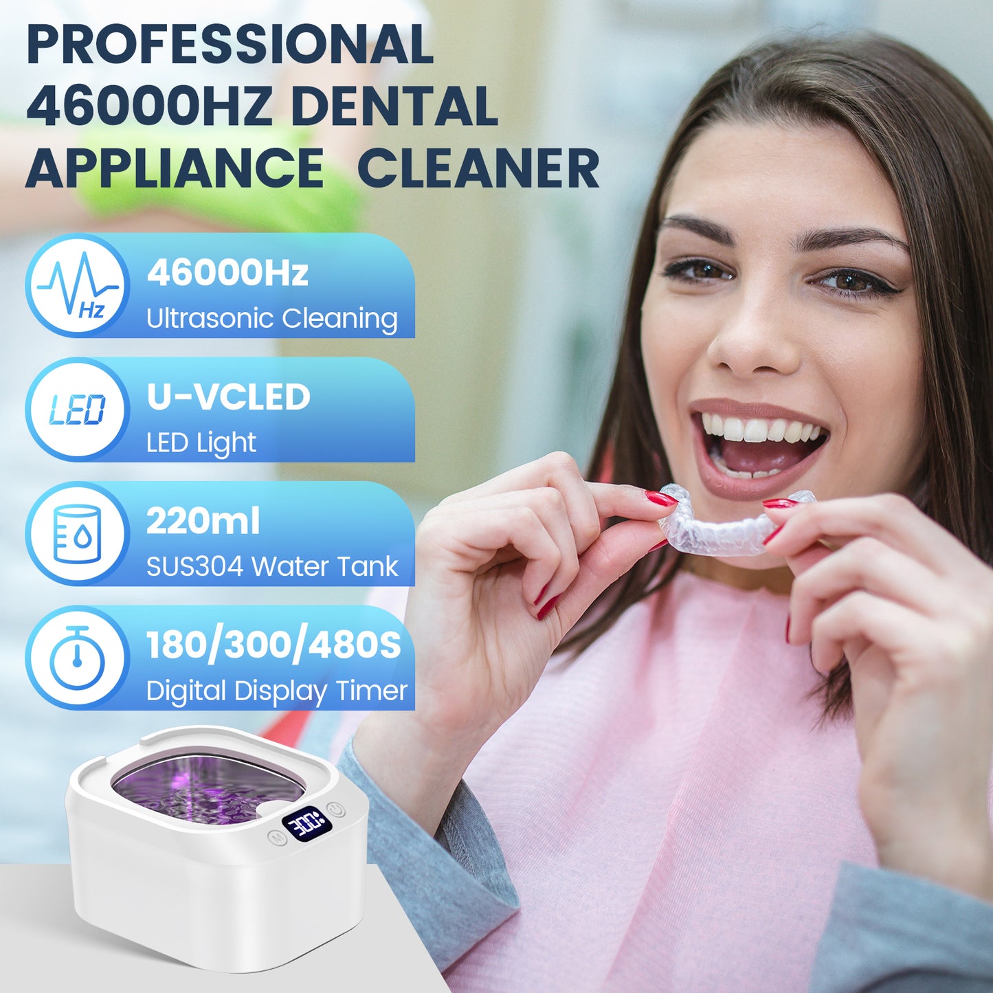DeeWaves Ultrasonic Retainer Cleaner Machine For Dentures, 46khz Dental Cleaning Pod with Digital Display, Ultrasonic Jewelry Cleaner Machine For Dental Appliances, Braces, Mouth Guards, Jewelry