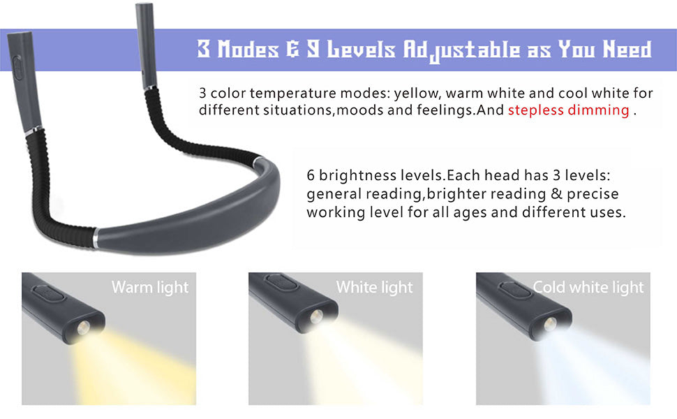 Updated LED Neck Reading Light,Hands Free Rechargeable 3 Colors & Stepless Dimming, Flexible Bendable Arms, and Long-Lasting Performance Book Light for Reading in Bed