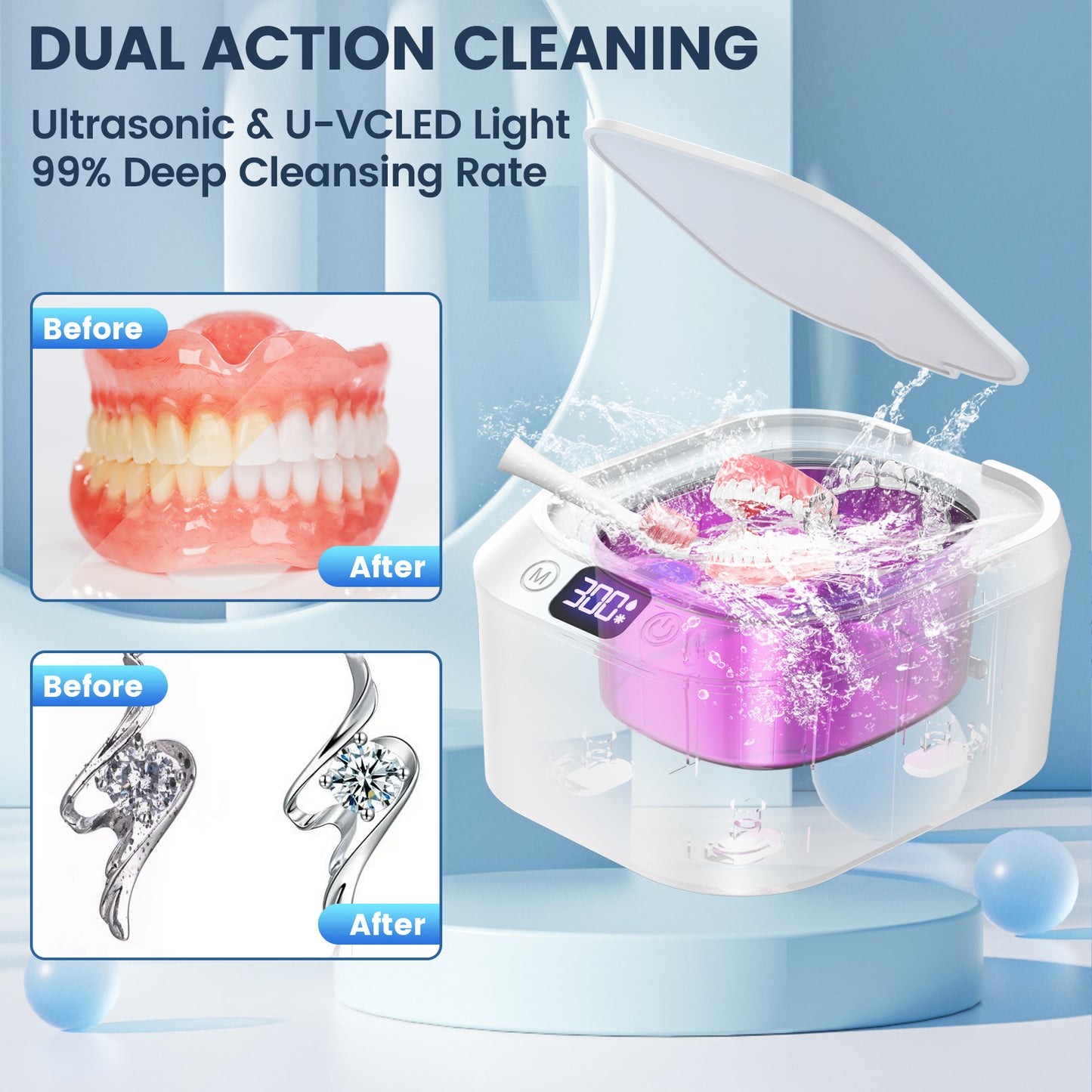 DeeWaves Ultrasonic Retainer Cleaner Machine For Dentures, 46khz Dental Cleaning Pod with Digital Display, Ultrasonic Jewelry Cleaner Machine For Dental Appliances, Braces, Mouth Guards, Jewelry