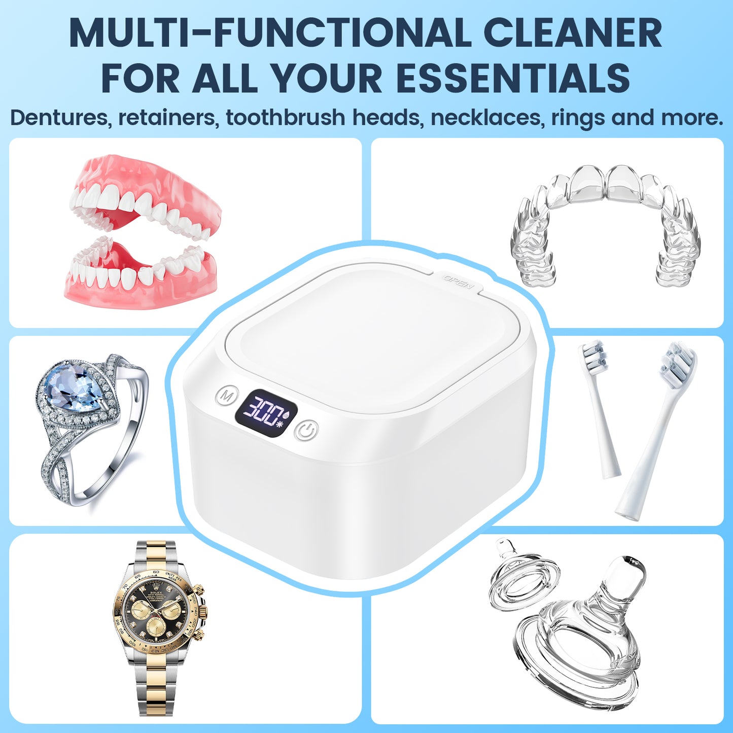 DeeWaves Ultrasonic Retainer Cleaner Machine For Dentures, 46khz Dental Cleaning Pod with Digital Display, Ultrasonic Jewelry Cleaner Machine For Dental Appliances, Braces, Mouth Guards, Jewelry