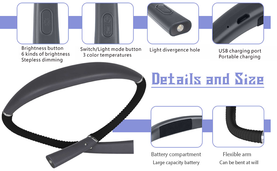 Updated LED Neck Reading Light,Hands Free Rechargeable 3 Colors & Stepless Dimming, Flexible Bendable Arms, and Long-Lasting Performance Book Light for Reading in Bed