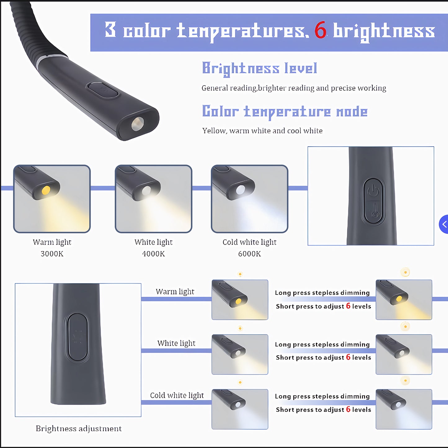 Updated LED Neck Reading Light,Hands Free Rechargeable 3 Colors & Stepless Dimming, Flexible Bendable Arms, and Long-Lasting Performance Book Light for Reading in Bed